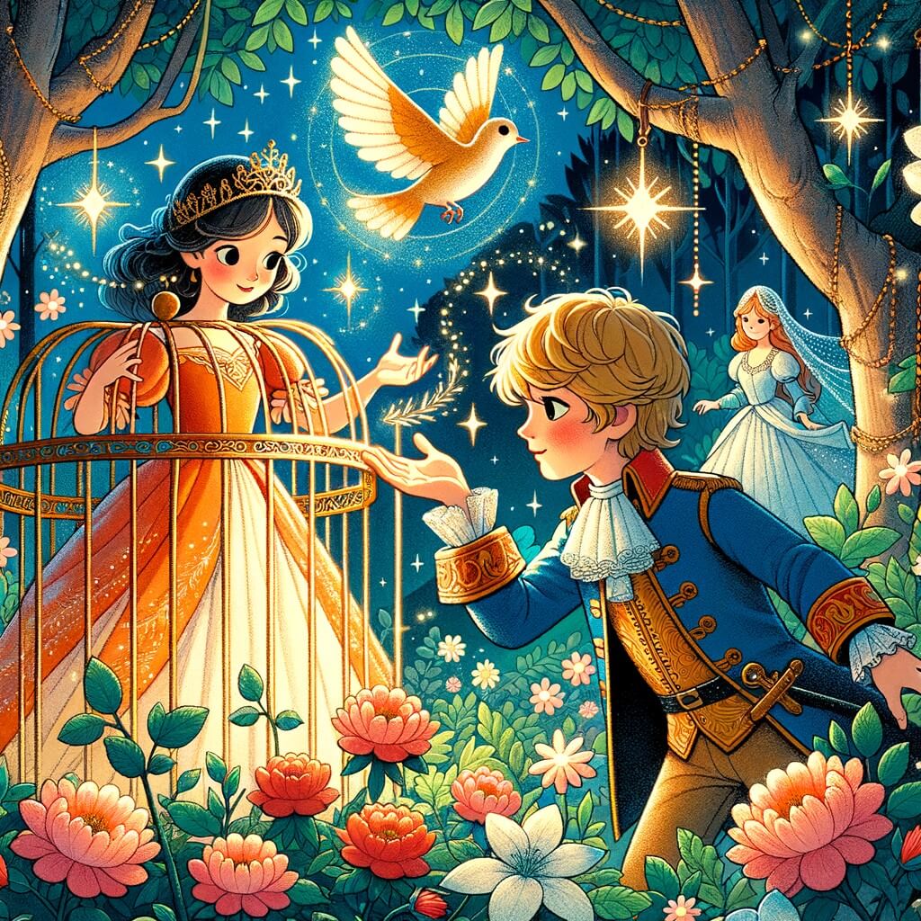 Une illustration destinée aux enfants représentant un prince courageux, se trouvant dans une forêt enchantée remplie de fleurs scintillantes, qui rencontre une princesse ensorcelée et l'aide à se libérer de sa cage dorée.