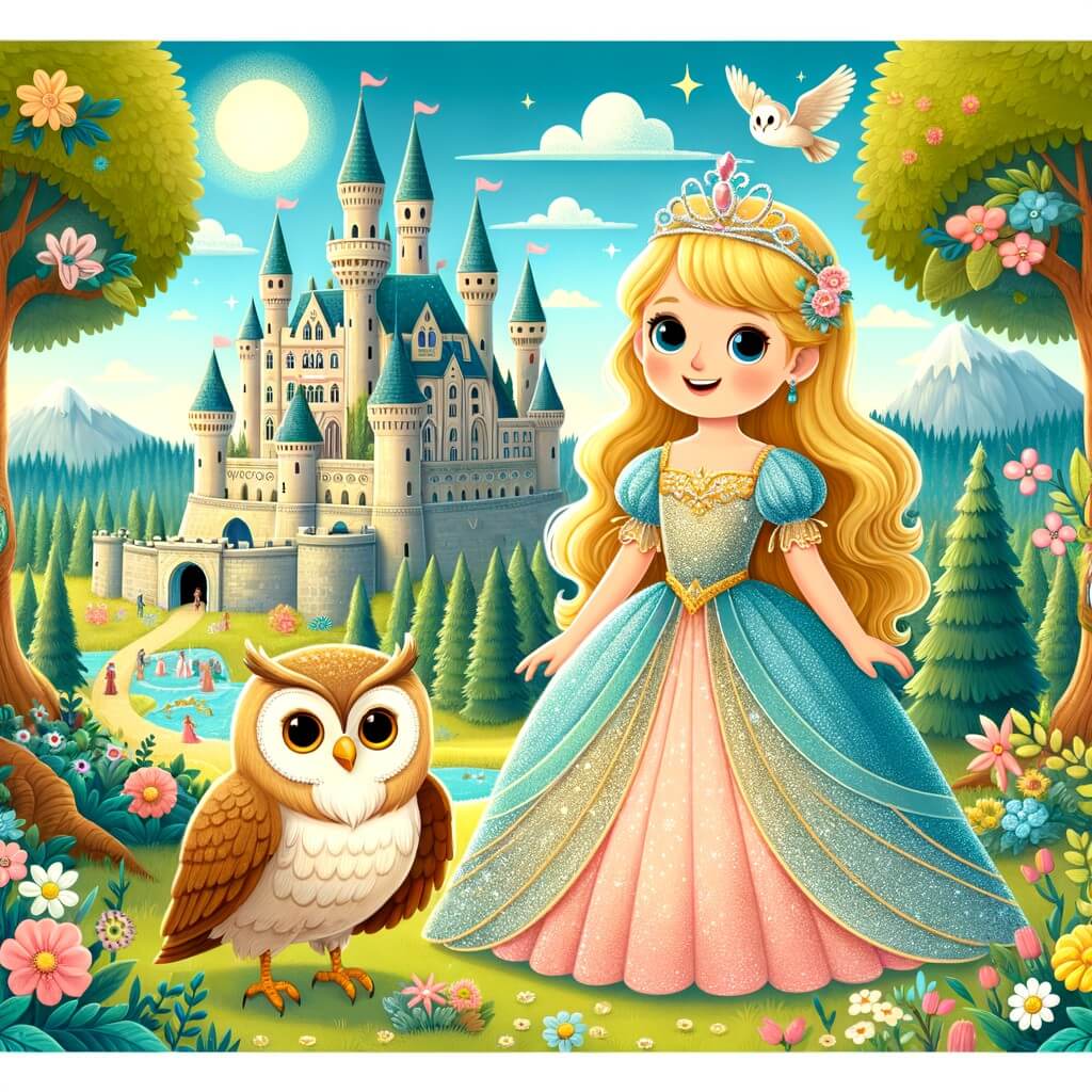 Une illustration destinée aux enfants représentant une princesa aux cheveux dorés, vêtue d'une robe étincelante, se tenant devant un majestueux château, accompagnée d'un búho parlant, dans un royaume enchanté où les arbres dansent et les fleurs chantent.