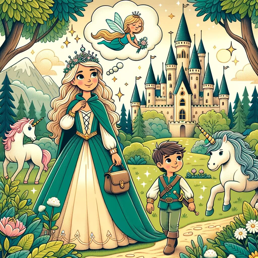 Une illustration destinée aux enfants représentant une princesa courageuse et belle qui rêve d'aventure, accompagnée d'un petit duende, dans un royaume enchanté rempli de forêts verdoyantes, de licornes majestueuses et de châteaux imposants.