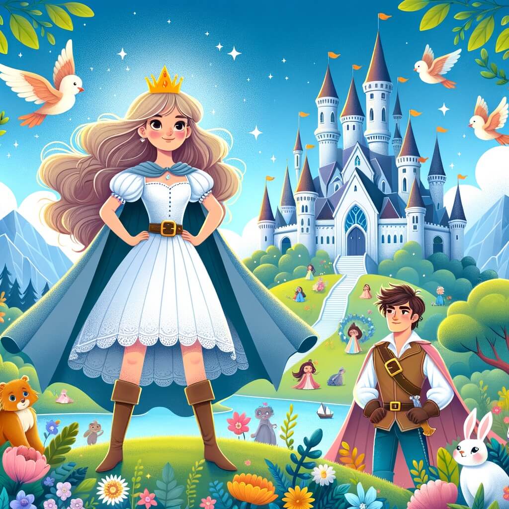 Une illustration destinée aux enfants représentant une princesa courageuse et intrépide, se tenant fièrement dans un majestueux castillo entouré de jardines fleuris et de créatures enchantées, tandis qu'un príncipe audacieux la regarde avec admiration, dans un royaume lointain rempli de magie et de mystère.