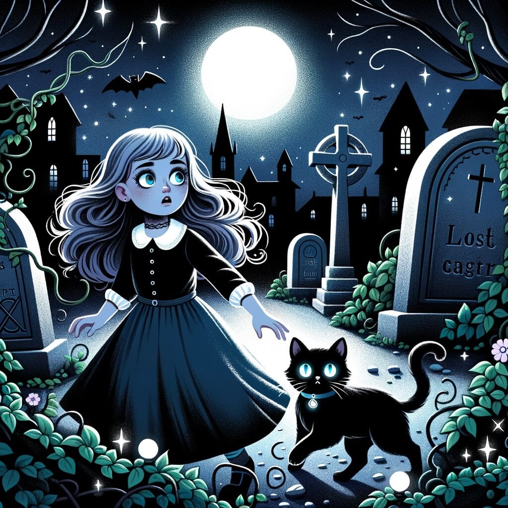 Une illustration destinée aux enfants représentant une petite fille courageuse, perdue dans un sombre et mystérieux cimetière hanté, avec pour unique compagnon un chat noir aux yeux brillants, dans une nuit étoilée où la lueur de la lune se reflète sur les tombes en pierre recouvertes de lierre.