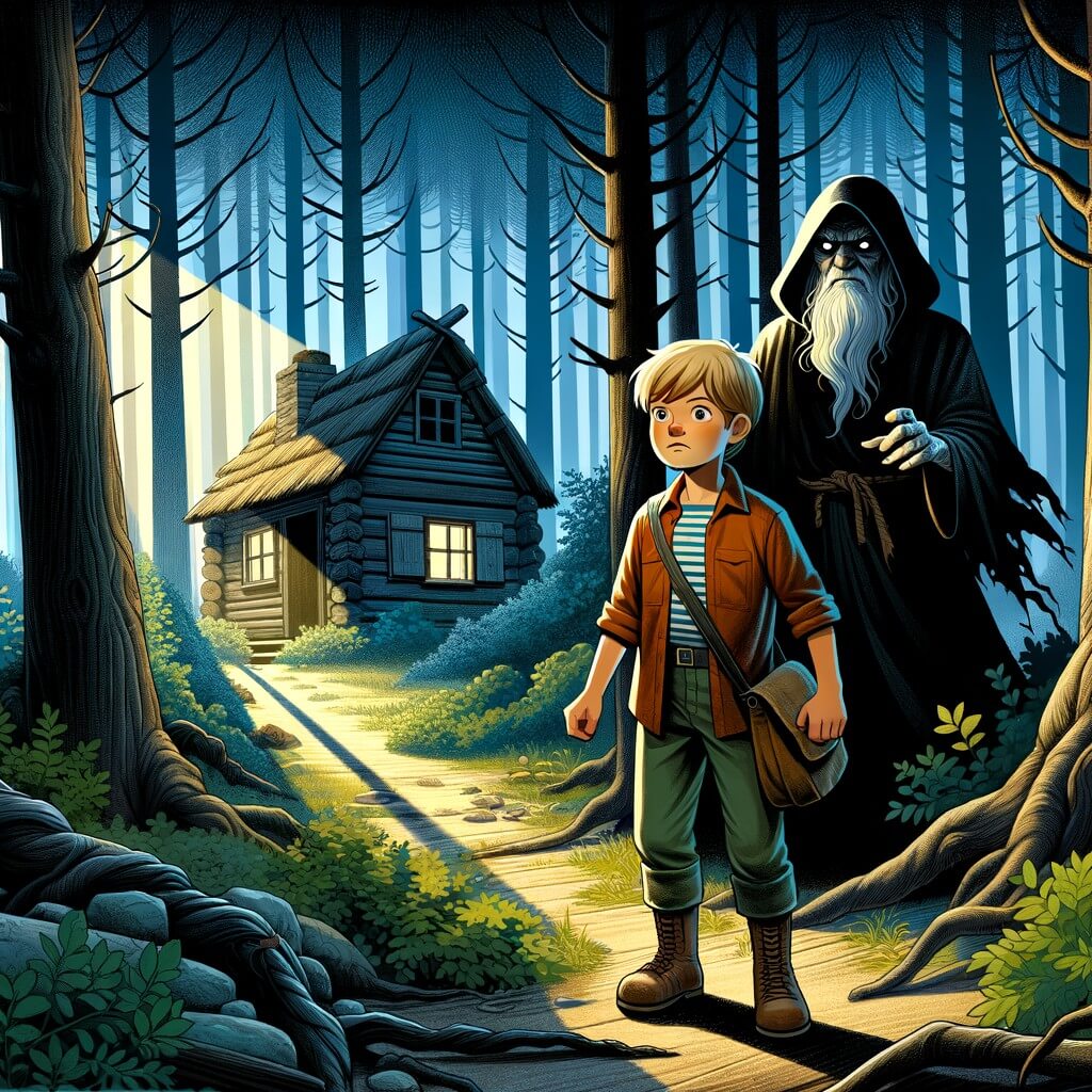 Une illustration destinée aux enfants représentant un niño pequeño, courageux et curieux, se retrouvant face à une sombre cabaña abandonada, accompagné d'un mystérieux anciano encapuchado, dans un bois dense et effrayant, où la lumière du soleil peine à pénétrer à travers les épais feuillages.