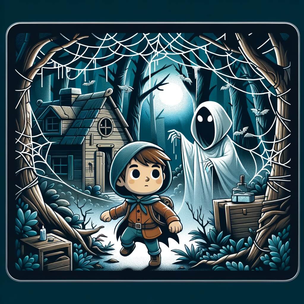Une illustration destinée aux enfants représentant un petit enfant courageux, plongé dans une sombre forêt hantée, accompagné d'un mystérieux esprit du bois, dans une vieille maison abandonnée envahie par des toiles d'araignées et baignée dans une atmosphère de mystère et d'aventure.