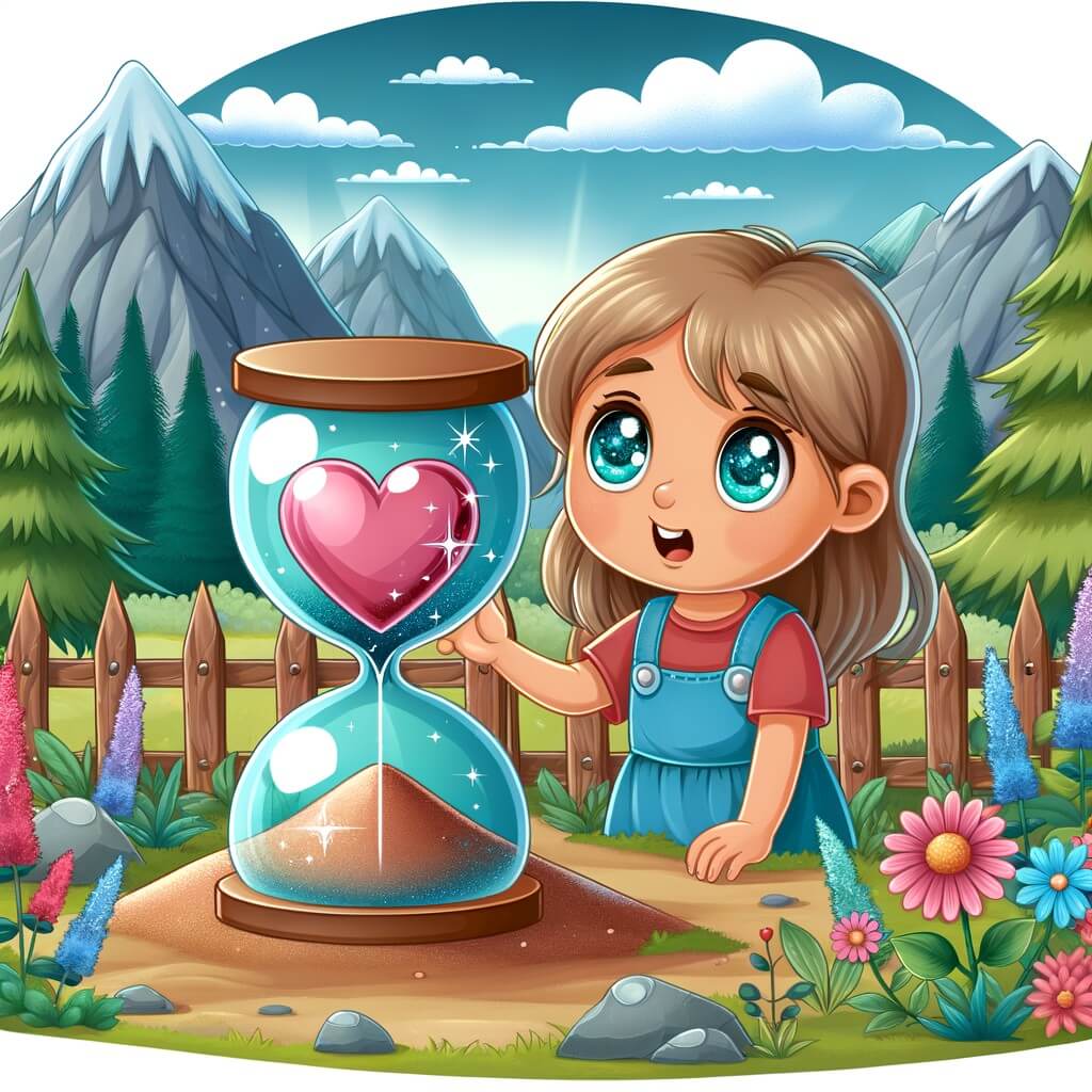 Une illustration destinée aux enfants représentant une petite fille curieuse, avec de grands yeux pétillants, découvrant un mystérieux reloj de arena en forme de cœur, enterrado en el suelo de un jardín rodeado de montañas y bosques.
