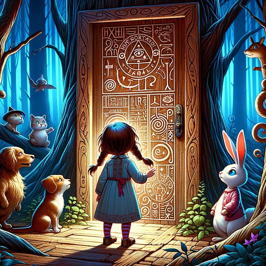 Une illustration destinée aux enfants représentant une petite fille curieuse, se tenant devant une mystérieuse porte en bois ornée de symboles énigmatiques, dans un sombre et dense bosquet, où des animaux parlants et des paysages surréalistes l'attendent pour l'emmener dans un voyage philosophique au sein du merveilleux Pays des Merveilles.