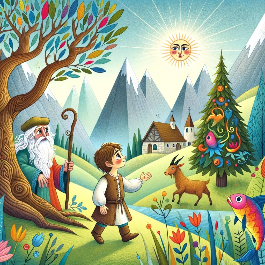 Une illustration destinée aux enfants représentant un courageux et curieux niño pequeño, se retrouvant dans un mystérieux village entouré de montagnes majestueuses, où il rencontre un arbre sage, un pez colorido y una cabra juguetona, dans sa quête de vérité et de sens dans la vie.
