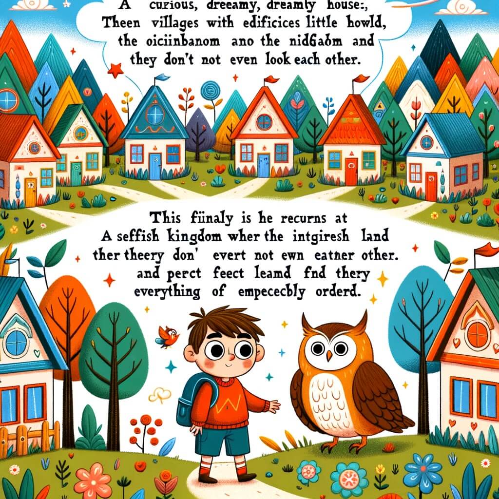 Une illustration destinée aux enfants représentant un petit garçon curieux et rêveur, qui rencontre un sage hibou et se lance dans un voyage à travers des mondes colorés où il découvre des villages aux maisons toutes identiques, un royaume égoïste où les habitants ne se regardent même pas, et une contrée parfaite où tout est impeccablement ordonné, avant de revenir dans son propre village niché au cœur d'une forêt enchantée.