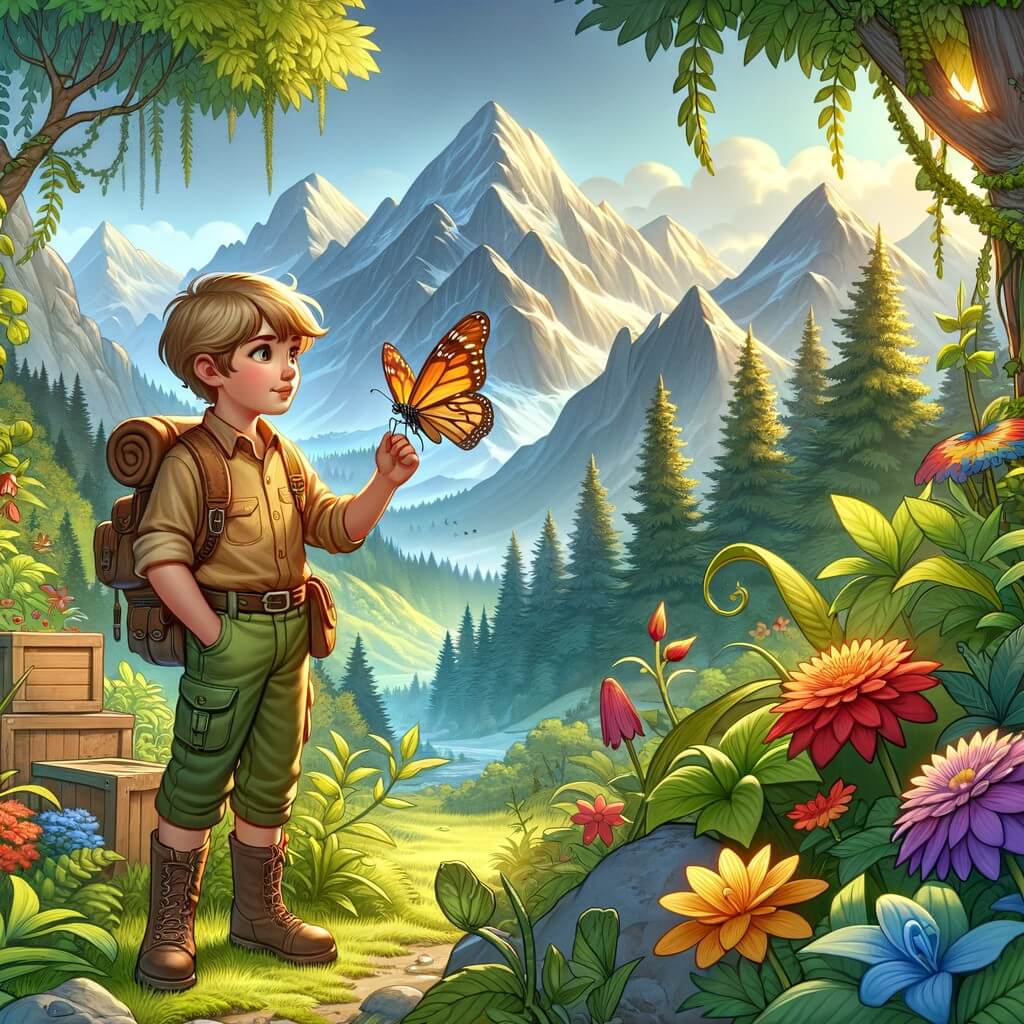 Une illustration destinée aux enfants représentant un jeune aventurier curieux, se tenant dans un jardin luxuriant avec des montagnes majestueuses en arrière-plan, découvrant une mariposa de couleurs éclatantes qui semble perdue.