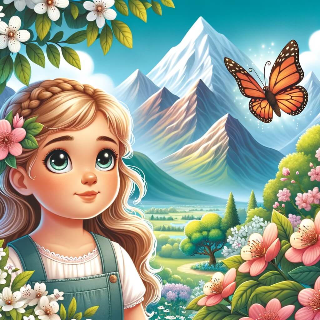 Une illustration destinée aux enfants représentant une petite fille avec des yeux curieux, se tenant dans un jardin fleuri où des montagnes majestueuses se dressent à l'horizon, tandis qu'une mariposa magique vole gracieusement autour d'elle, prête à lui enseigner des leçons sur la vie.