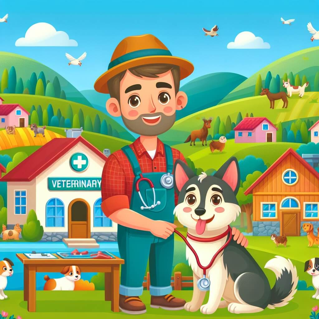 Une illustration destinée aux enfants représentant un homme passionné des animaux, se trouvant dans son chaleureux et coloré cabinet vétérinaire, accompagné de son fidèle compagnon à quatre pattes, dans le charmant village de Villa Mascota, entouré de collines verdoyantes et d'une ferme animée remplie de joyeuses créatures.