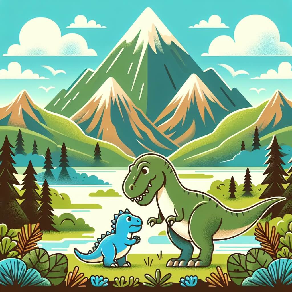 Une illustration destinée aux enfants représentant un puissant Tyrannosaure Rex amical, se liant d'amitié avec un petit dinosaure bleu perdu, dans un magnifique valle entouré de montagnes imposantes et d'une végétation luxuriante.