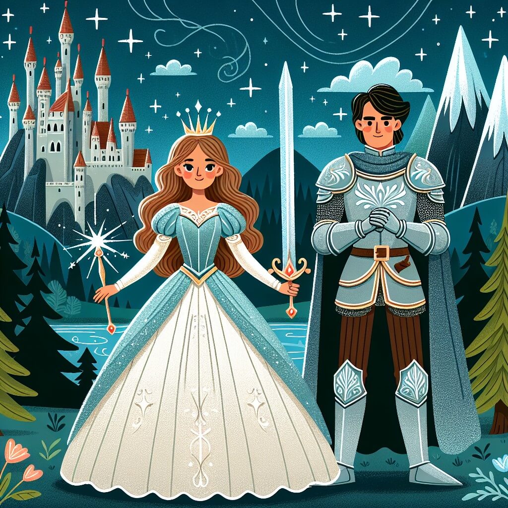 Une illustration destinée aux enfants représentant une courageuse héroïne vêtue d'une armure étincelante, tenant une épée magique, se tenant aux côtés d'un fier chevalier, dans un royaume enchanté où les montagnes majestueuses côtoient des forêts éternelles et des châteaux imposants.