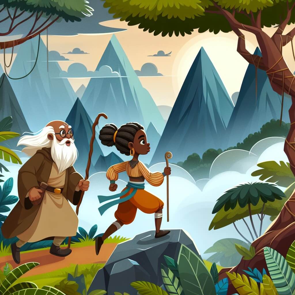 Une illustration destinée aux enfants représentant une femme courageuse et audacieuse, se lançant dans une quête périlleuse à travers une forêt luxuriante et mystérieuse, accompagnée d'un sage ancien, à la recherche d'un trésor légendaire caché au cœur d'une montagne majestueuse où la brume danse avec la magie de l'Afrique.