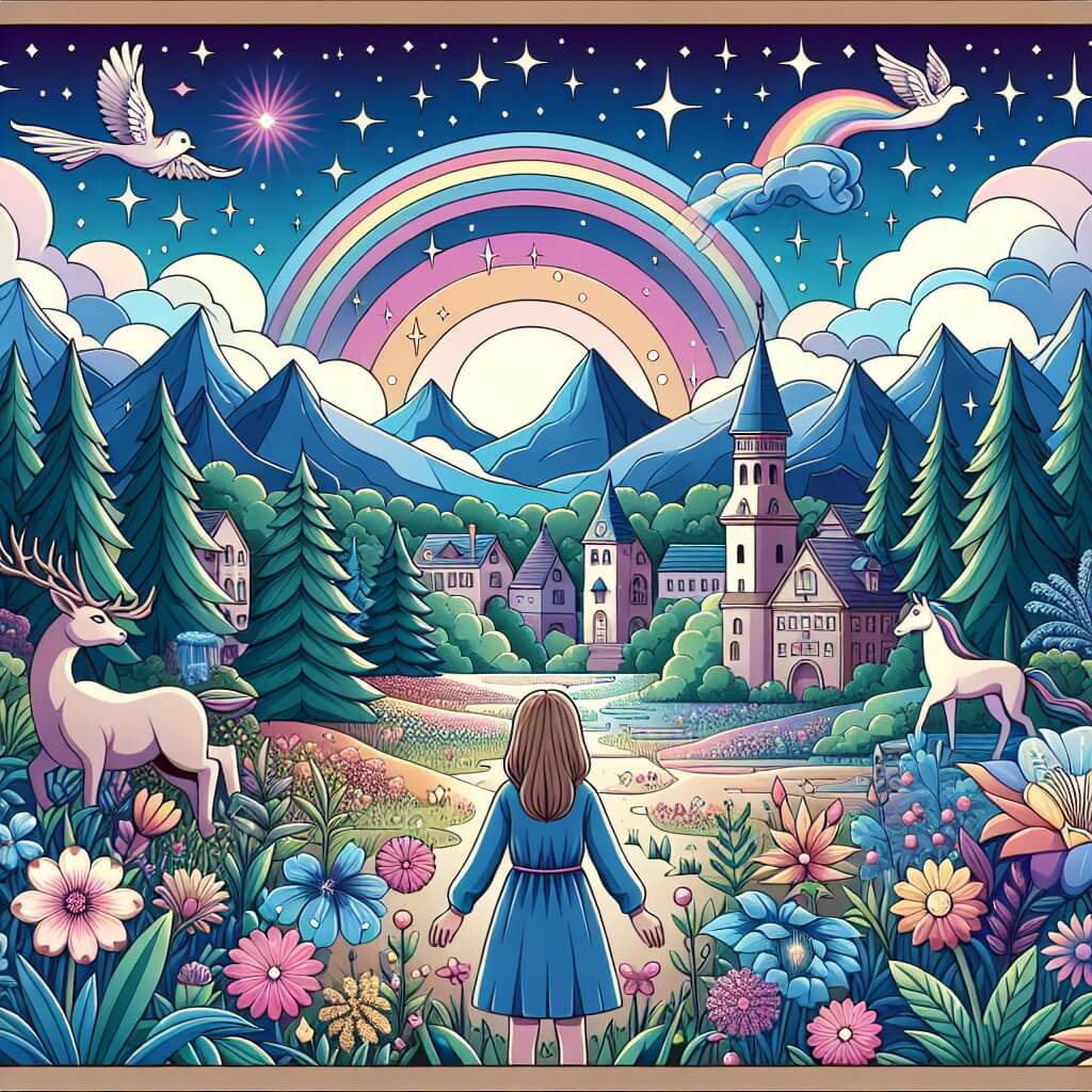 Une illustration destinée aux enfants représentant une jeune femme rêveuse, perdue dans un monde fantastique rempli de créatures mythiques, dans un village enchanteur entouré de forêts luxuriantes et de montagnes majestueuses, où les fleurs éclatantes et les arcs-en-ciel peignent le ciel.
