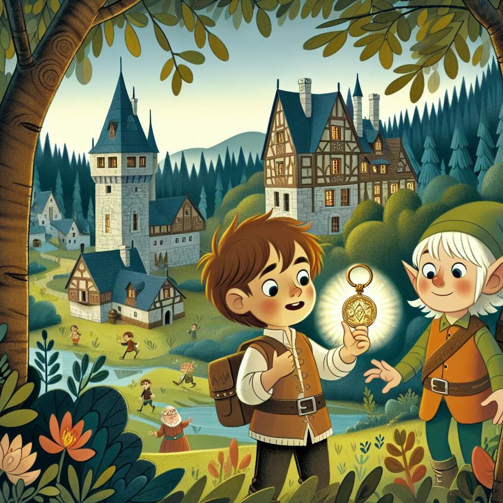 Une illustration destinée aux enfants représentant un petit garçon curieux et aventurier découvrant un amulette magique dans un paisible village, accompagné d'un elfe bienveillant, dans un mystérieux château en ruines situé au cœur d'un ancien et enchanteur bois enchanté.