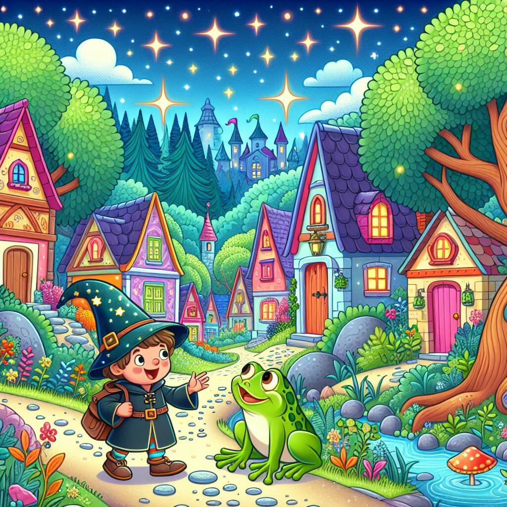 Une illustration destinée aux enfants représentant un apprenti sorcier curieux se retrouvant dans une forêt enchantée, accompagné d'une drôle de grenouille parlante, dans un village magique aux maisons colorées et aux rues pavées de paillettes scintillantes.