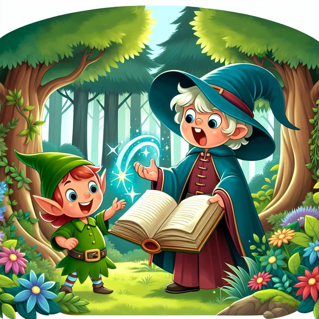 Une illustration destinée aux enfants représentant un jeune apprenti sorcier, plein d'enthousiasme, découvrant un vieux grimoire magique dans une forêt enchantée, accompagné d'un joyeux petit lutin vert, dans un décor luxuriant de verdure avec des arbres majestueux et des fleurs multicolores.