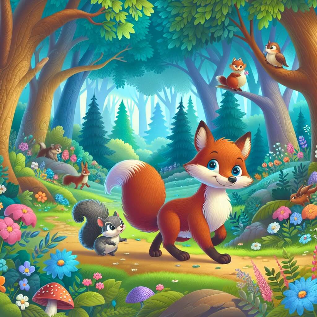 Une illustration destinée aux enfants représentant un renard rusé et malicieux, accompagné d'une petite ardilla, se perdant dans un magnifique bosque enchanté rempli d'arbres majestueux, de fleurs colorées et d'animaux curieux.