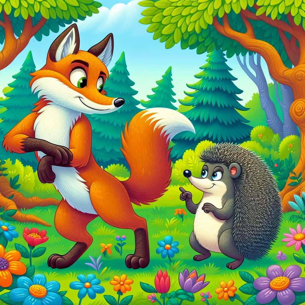 Une illustration destinée aux enfants représentant un renard malicieux qui se retrouve dans une situation comique avec un hérisson espiègle, dans un paisible bosquet aux arbres majestueux et aux fleurs multicolores.
