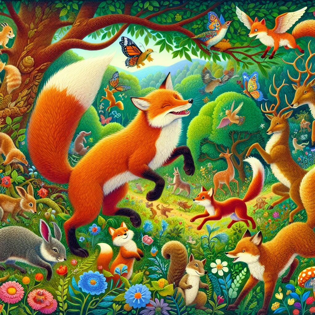 Une illustration destinée aux enfants représentant un renard malicieux dans un bosquet enchanté, accompagné d'animaux joyeux, jouant des tours et se lançant des défis, dans un décor verdoyant et coloré où la nature est pleine de vie.