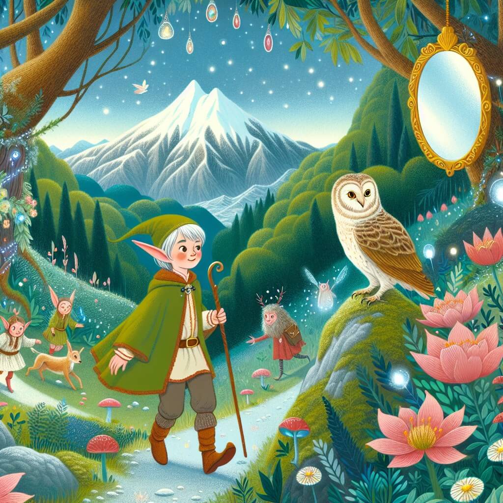 Une illustration destinée aux enfants représentant un jeune elfe curieux et intrépide, accompagné d'un sage búho, qui partent à la recherche d'un miroir magique caché au sommet d'une montagne enchantée, entourée d'un bois luxuriant rempli de fleurs brillantes et de créatures fantastiques.