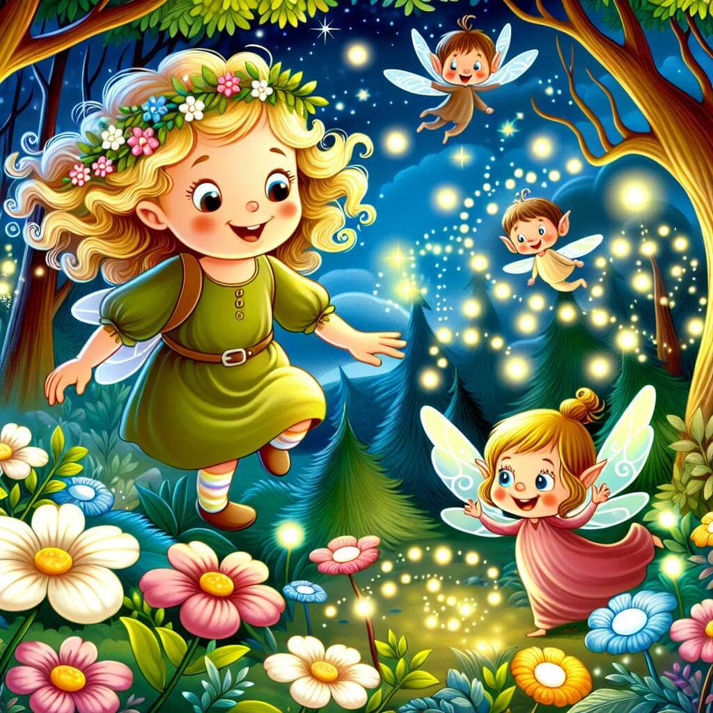Une illustration destinée aux enfants représentant une petite fille aux boucles d'or, plongée dans une aventure fantastique, accompagnée d'un joyeux lutin sautillant, dans un Bosque Encantado rempli de fleurs lumineuses, d'arbres souriants et d'animaux qui parlent.