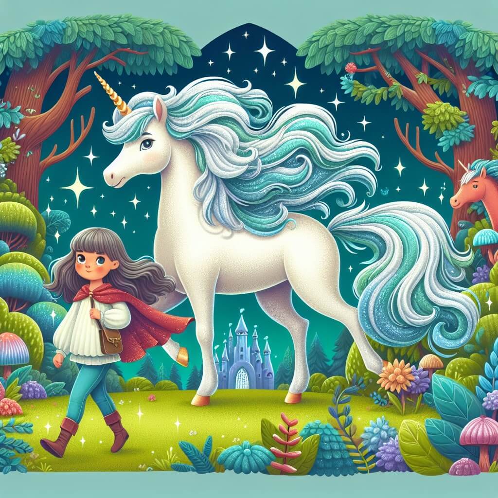 Une illustration destinée aux enfants représentant une majestueuse licorne aux crins scintillants, se tenant fièrement au milieu d'un somptueux bosquet enchanté, accompagnée d'une jeune fille curieuse et aventurière, explorant un monde rempli de créatures fantastiques.