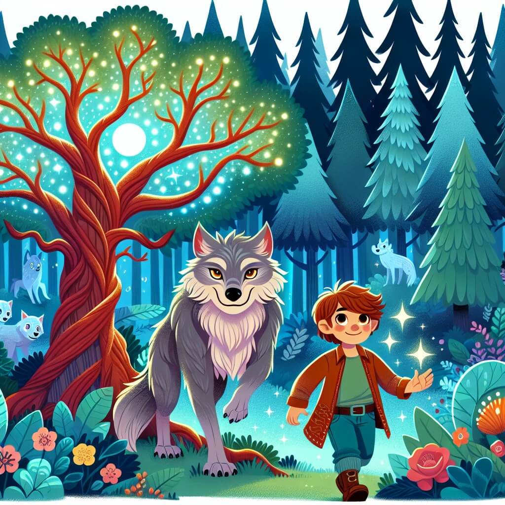Une illustration destinée aux enfants représentant un loup-garou amical et protecteur, accompagné d'un jeune garçon courageux, explorant un bosque enchanté rempli de créatures fantastiques, avec des arbres majestueux aux feuilles lumineuses et des fleurs émettant un éclat magique.