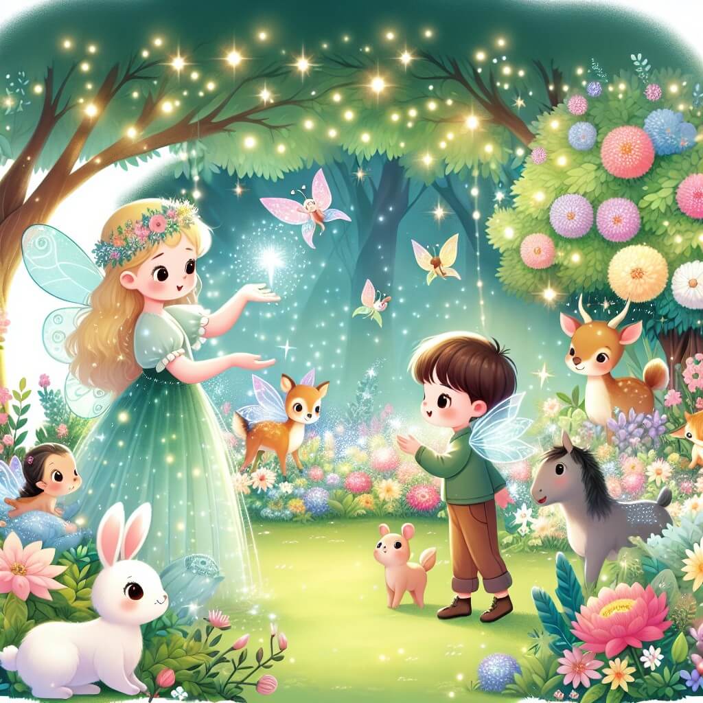 Une illustration destinée aux enfants représentant une fée curieuse, entourée d'un groupe d'animaux enchantés, explorant un magnifique jardin féerique rempli de fleurs lumineuses et d'arbres aux feuilles scintillantes.