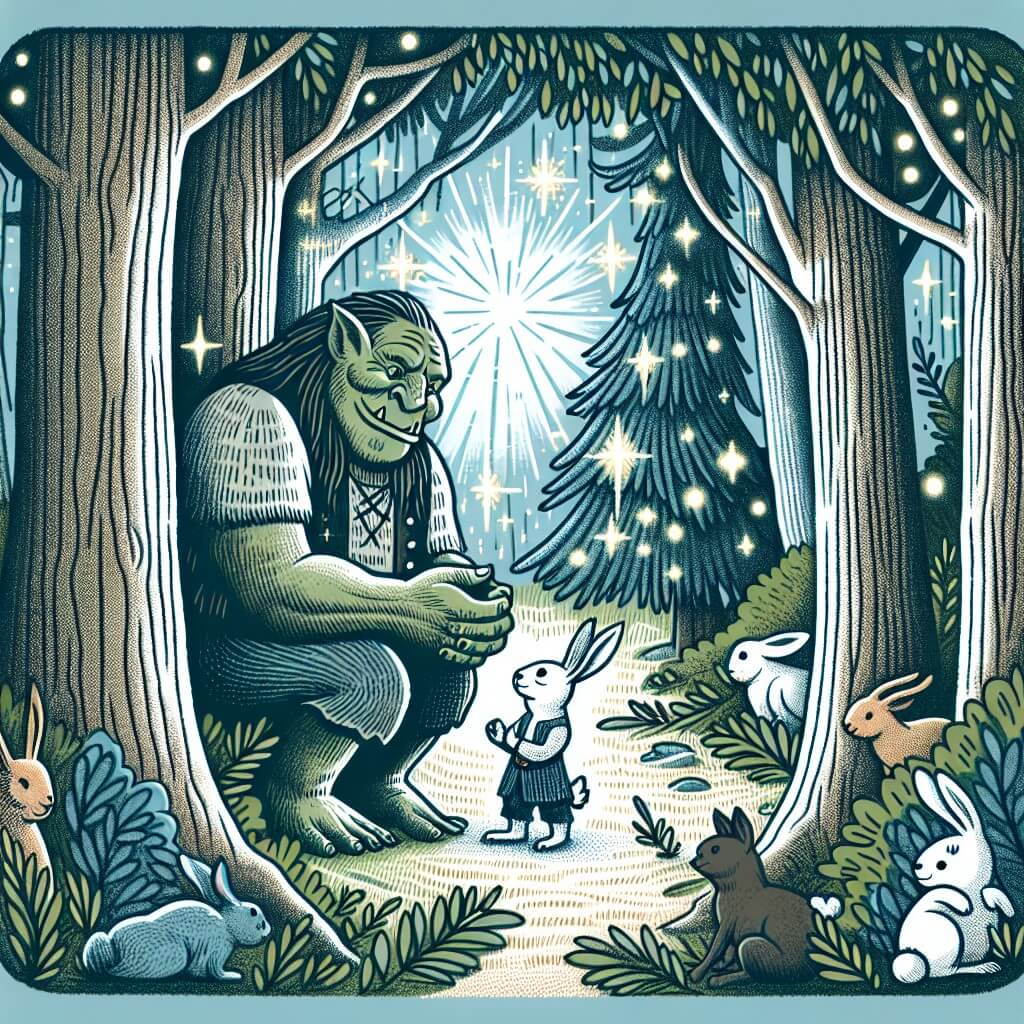 Une illustration destinée aux enfants représentant un imposant ogre solitaire, se faisant un ami courageux dans un dense et lumineux Bosque Encantado, où les arbres brillent avec un éclat magique et les animaux parlent.
