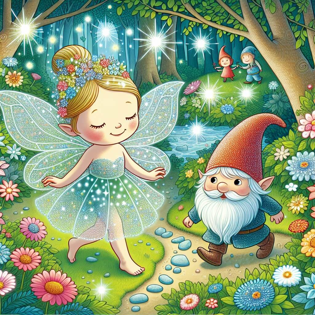Une illustration destinée aux enfants représentant une fée étincelante, perdue dans une forêt enchantée, accompagnée d'un petit lutin espiègle, dans un monde de fleurs lumineuses et ruisseaux cristallins.