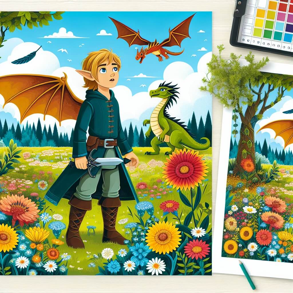 Une illustration destinée aux enfants représentant un elfe intrépide, se tenant sur un champ de fleurs multicolores dans un bosquet enchanté, accompagné d'un petit dragon ailé, dans une quête pour sauver le royaume magique de l'obscurité.