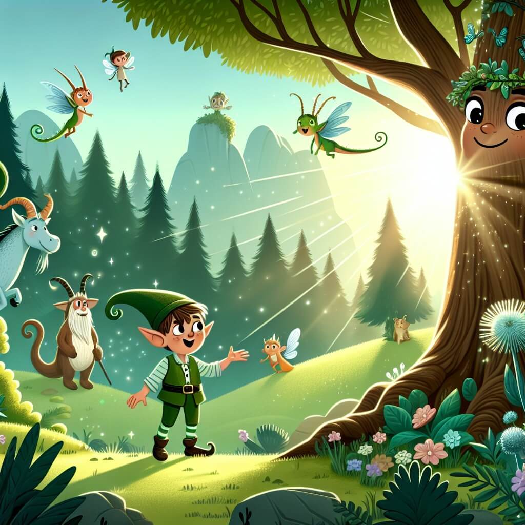Une illustration destinée aux enfants représentant un lutin curieux et espiègle, découvrant un monde enchanté rempli de créatures fantastiques, accompagné d'un arbre parlant, dans un bosquet verdoyant illuminé par les rayons doux du soleil couchant.