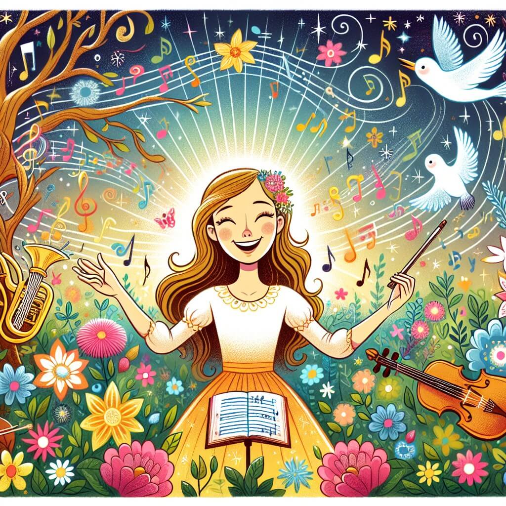 Une illustration destinée aux enfants représentant une jeune femme au sourire radieux, entourée de notes musicales et d'instruments de toutes sortes, accompagnée d'un oiseau chanteur, dans un jardin enchanté rempli de fleurs multicolores et d'arbres aux feuilles brillantes, où la musique résonne à travers chaque brise.