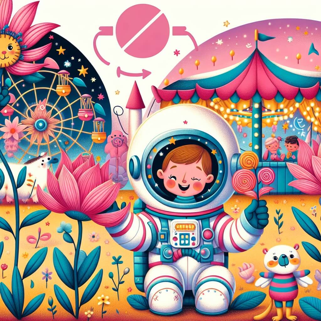 Une illustration destinée aux enfants représentant un petit garçon vêtu d'un costume d'astronaute, qui s'amuse avec des fleurs parlantes dans un carnaval coloré et féerique se déroulant au cœur du Pays de las Maravillas.