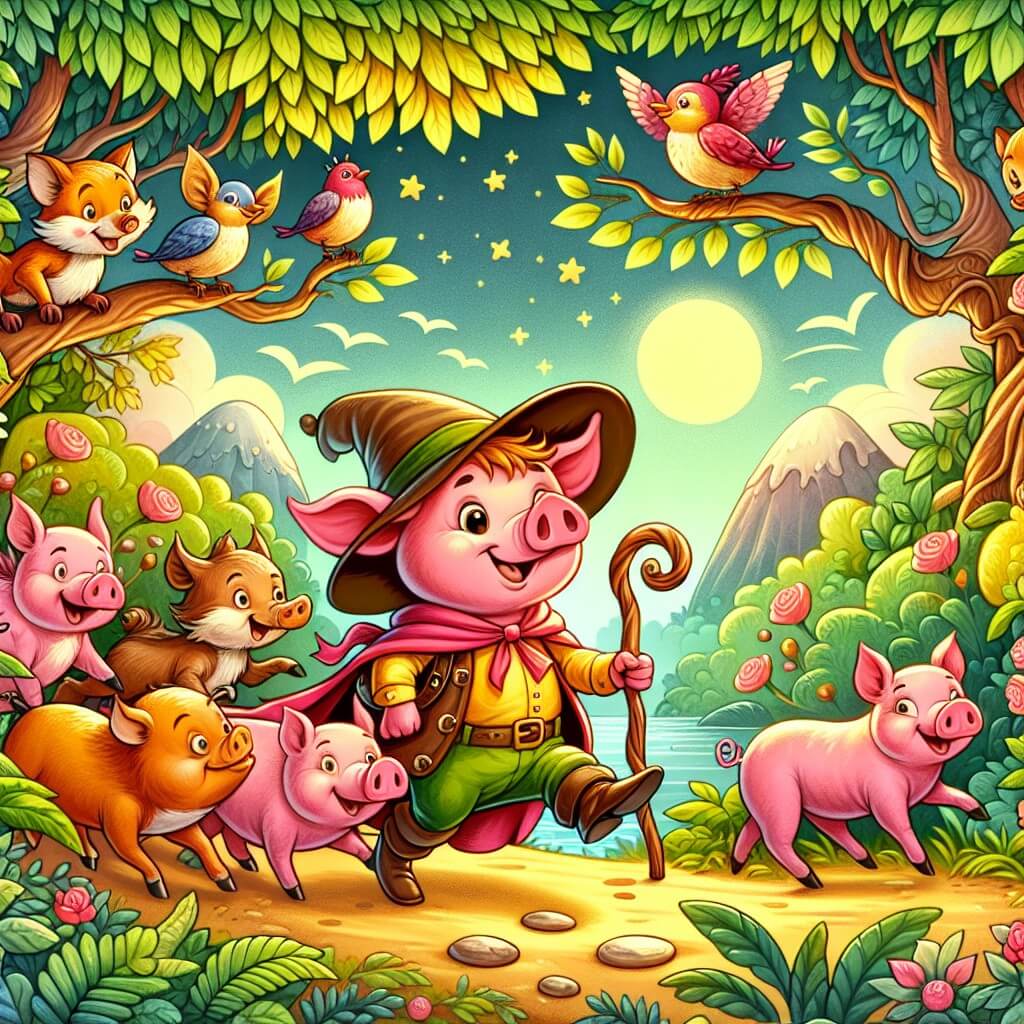 Une illustration destinée aux enfants représentant un joyeux cochon aventurier, accompagné d'un groupe d'animaux rigolos, explorant un magnifique et coloré bosquet enchanté.