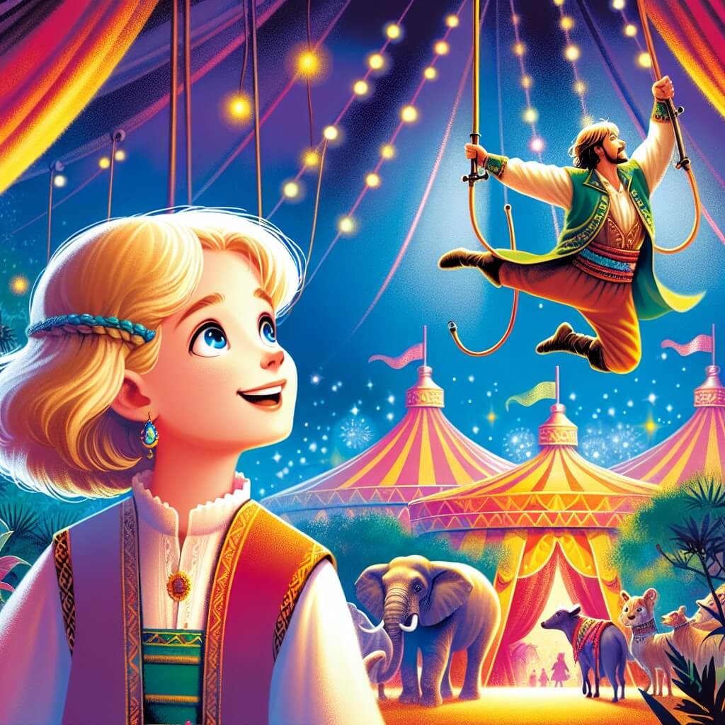Une illustration destinée aux enfants représentant une petite fille émerveillée par les incroyables acrobaties d'un trapéziste au sein d'un cirque magique, avec une grande tente colorée et des animaux exotiques dans le fond.