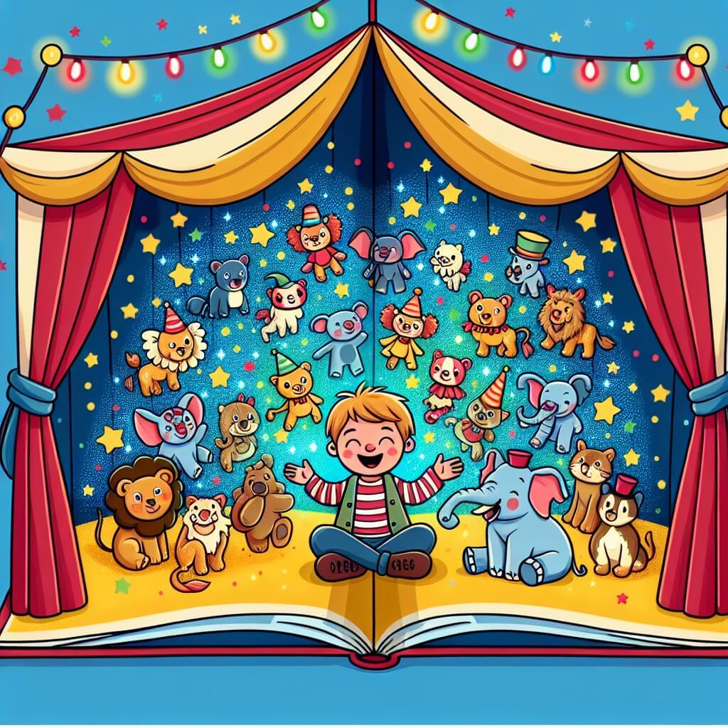 Une illustration destinée aux enfants représentant un petit garçon émerveillé, entouré d'animaux de cirque, dans un chapiteau coloré rempli de lumières étincelantes et de rires joyeux.