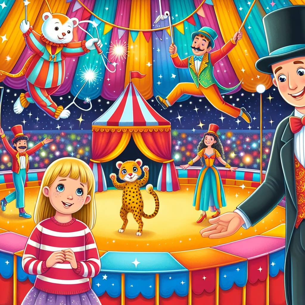 Une illustration destinée aux enfants représentant une petite fille émerveillée par les acrobaties d'un cirque coloré, accompagnée d'un magicien souriant et portant un chapeau haut-de-forme, au cœur d'un chapiteau scintillant avec des jongleurs, des trapézistes et des animaux exotiques.