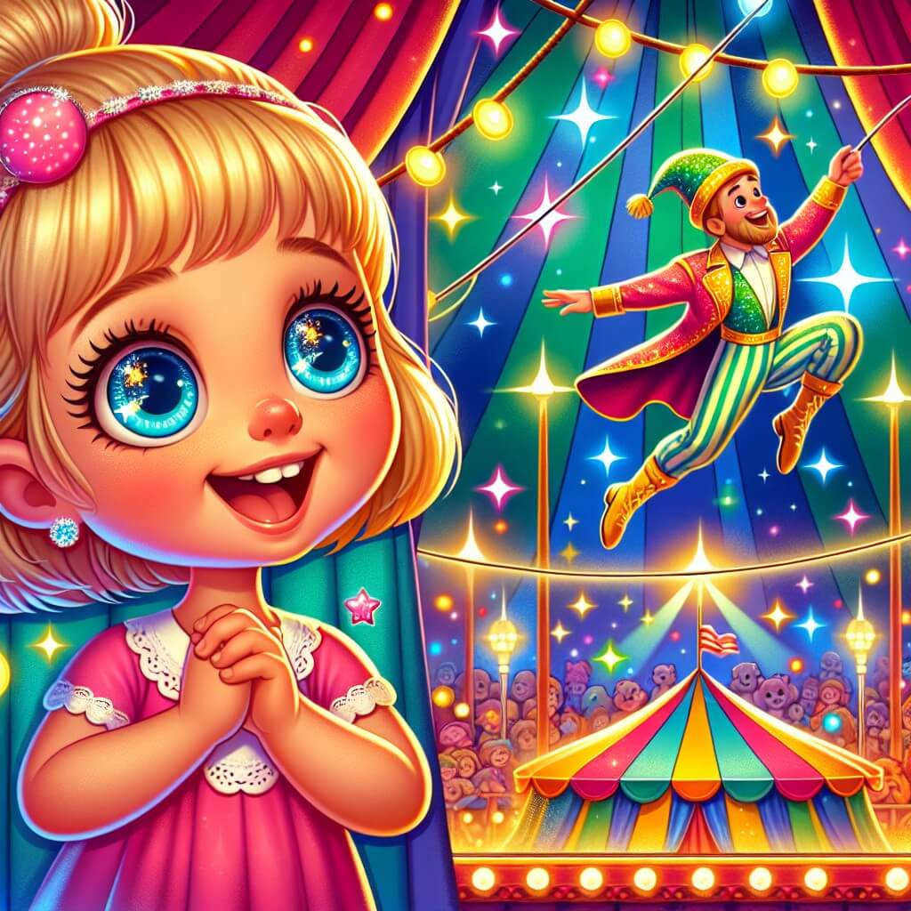Une illustration destinée aux enfants représentant une petite fille aux yeux pétillants, plongée dans l'émerveillement d'un cirque enchanteur, accompagnée d'un funambuliste audacieux, dans un chapiteau chatoyant rempli de lumières éclatantes et de rires joyeux.