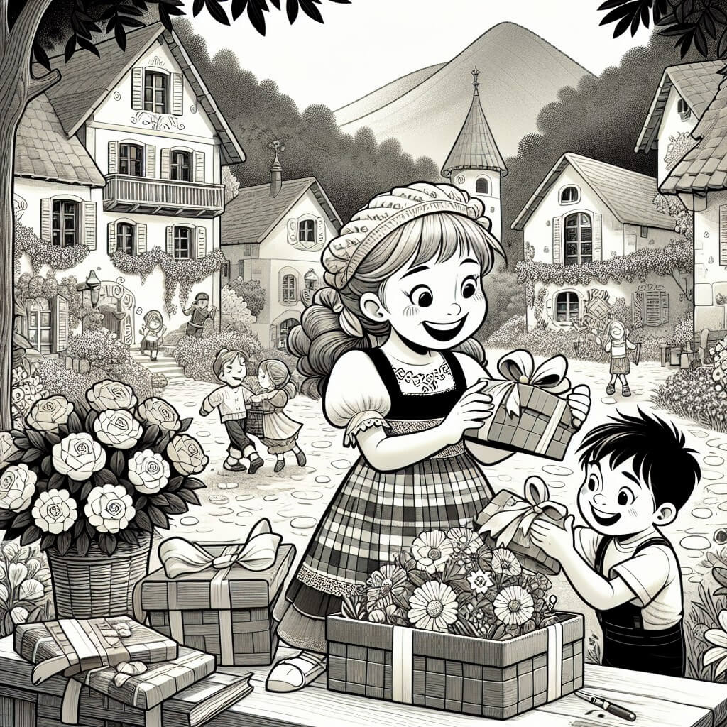Une illustration destinée aux enfants représentant une petite fille pleine d'enthousiasme, préparant un cadeau surprise pour sa maman, avec l'aide de son meilleur ami, dans un paisible village fleuri appelé Villa Esperanza.