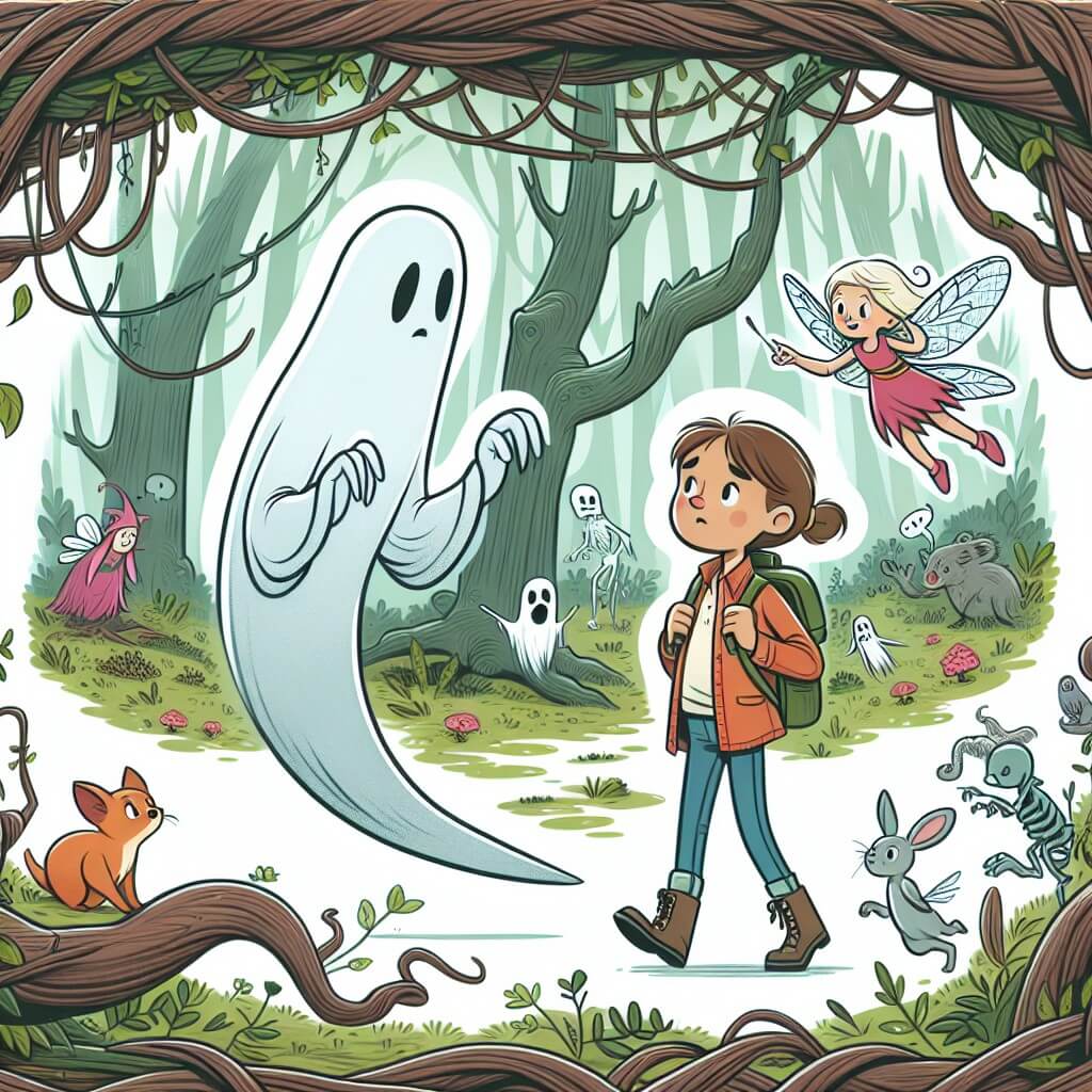 Une illustration destinée aux enfants représentant un fantôme timide et solitaire, rencontrant une jeune exploratrice curieuse, au cœur d'un bosquet enchanté peuplé de fées virevoltantes, d'arbres mystérieux aux branches entrelacées et de petits animaux malicieux.