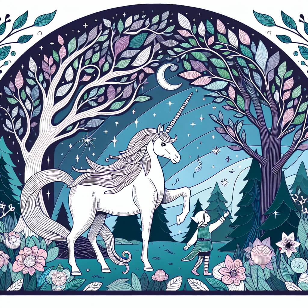 Une illustration destinée aux enfants représentant une licorne majestueuse, perdue dans une forêt enchantée, accompagnée d'un petit elfe curieux, dans un lieu où les arbres dansent au rythme du vent et les fleurs brillent de mille couleurs.