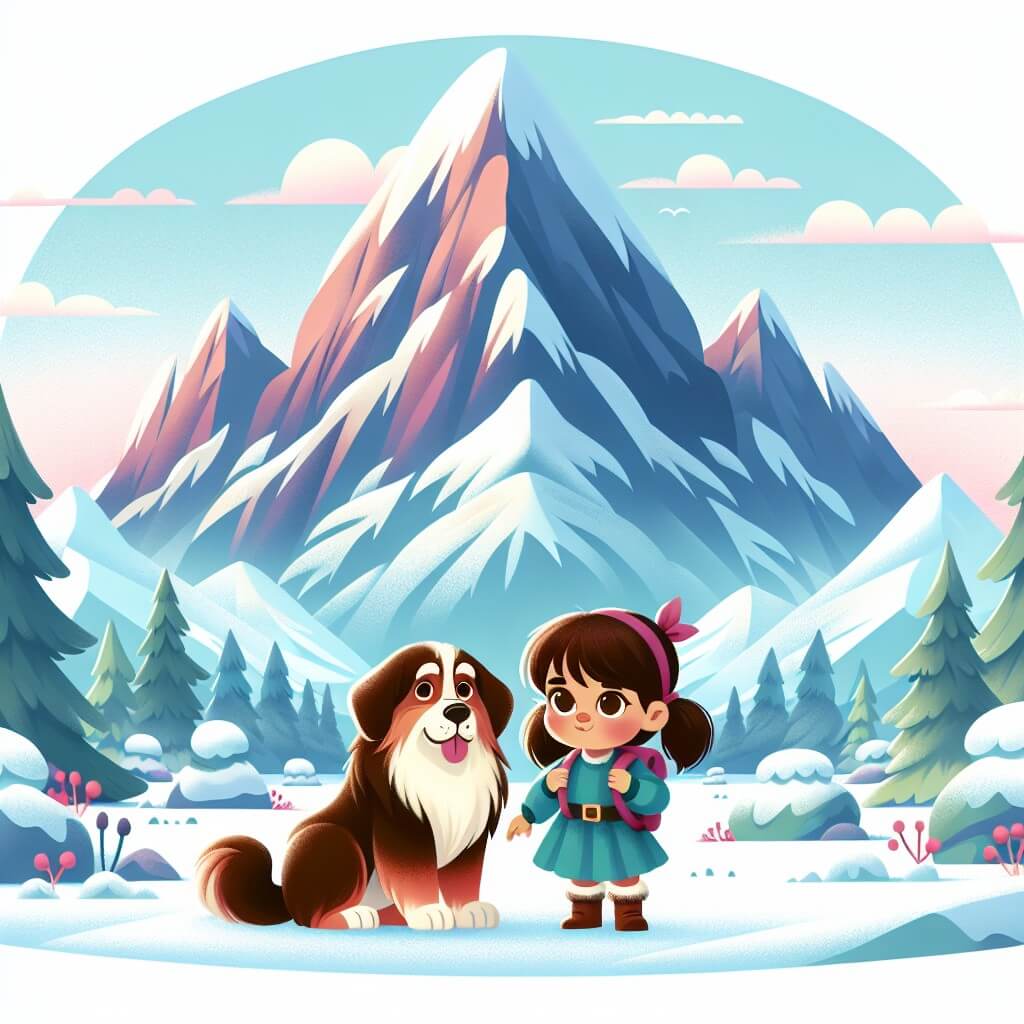 Une illustration destinée aux enfants représentant une petite fille courageuse se tenant devant une montagne immense, accompagnée d'un adorable chien parlant, dans un paysage enneigé et majestueux.