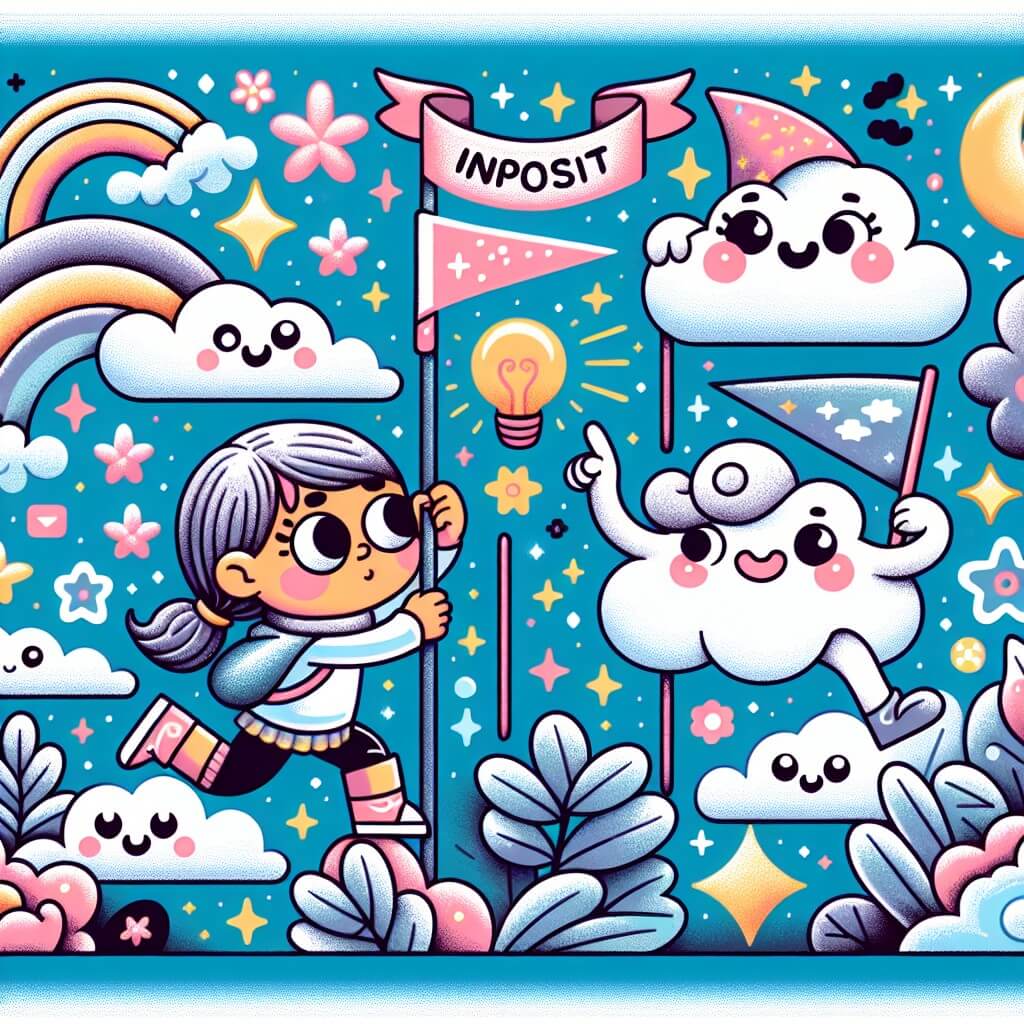 Une illustration destinée aux enfants représentant une petite fille pleine de curiosité et de détermination, se lançant dans un défi impossible avec l'aide d'un drôle de personnage, dans un monde féerique rempli de nuages moelleux et d'arc-en-ciels chatoyants.