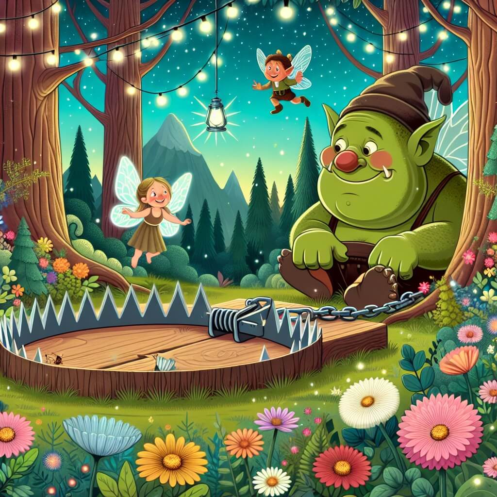 Une illustration destinée aux enfants représentant un ogre jovial, coincé dans une trappe pour ours, aidé par une petite fée espiègle dans une forêt enchantée, pleine de fleurs multicolores, arbres géants et lucioles scintillantes.
