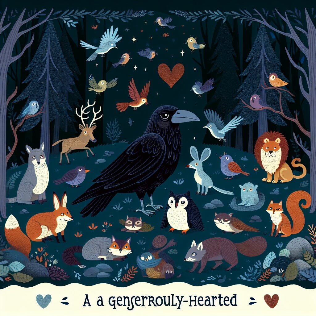 Une illustration destinée aux enfants représentant un corbeau au cœur généreux, entouré d'animaux de la forêt, dans un sombre et mystérieux bois enchanté.
