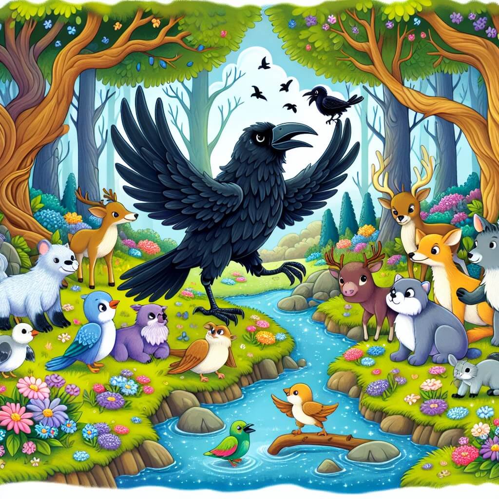 Une illustration destinée aux enfants représentant un corbeau malicieux qui joue des tours à ses amis animaux dans une forêt enchantée remplie de fleurs colorées, d'arbres majestueux et de petits ruisseaux étincelants.