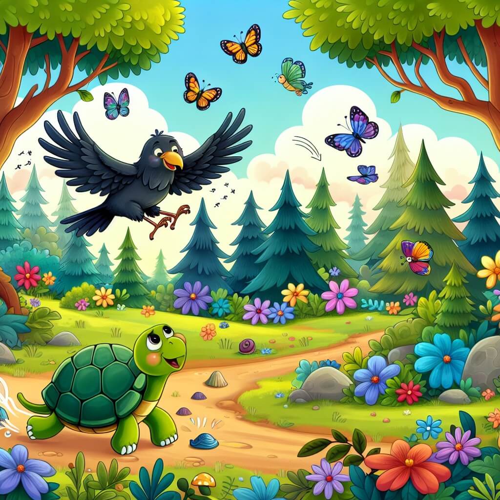 Une illustration destinée aux enfants représentant un corbeau maladroit qui se retrouve dans une course hilarante avec une tortue joyeuse dans une forêt enchantée remplie de fleurs colorées, d'arbres majestueux et de papillons virevoltants.