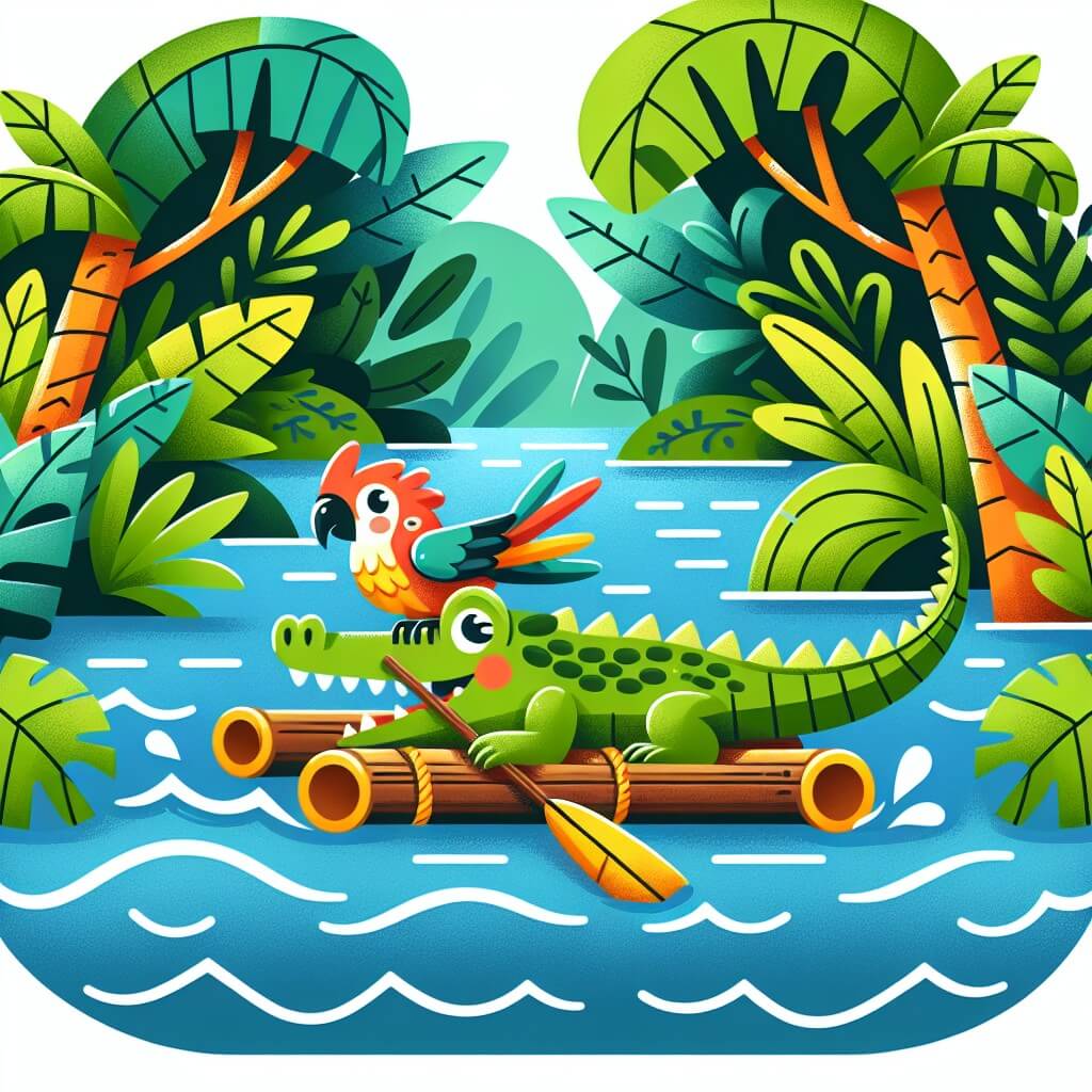Une illustration destinée aux enfants représentant un crocodile curieux, naviguant sur une balsa de feuilles à travers un fleuve entouré d'une luxuriante forêt tropicale, avec un oiseau coloré comme compagnon de voyage.